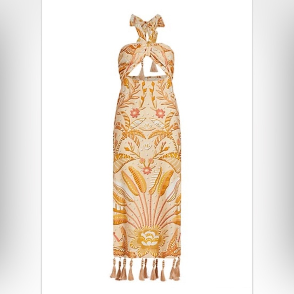 FARM Rio Gold and White Halter Sundress Resort Wear Midi